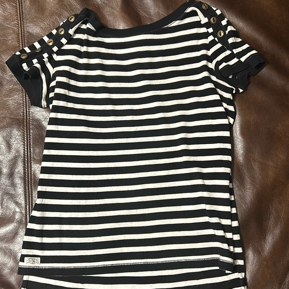 Ralph Lauren black and white stripped t-shirt with buttons going up each sleeve - Picture 1 of 6